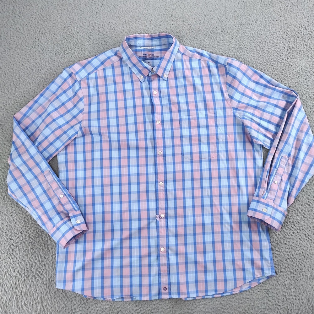 Vineyard Vines Shirt Mens XL Pink Blue Plaid On-The-Go Performance Brrr Cooling